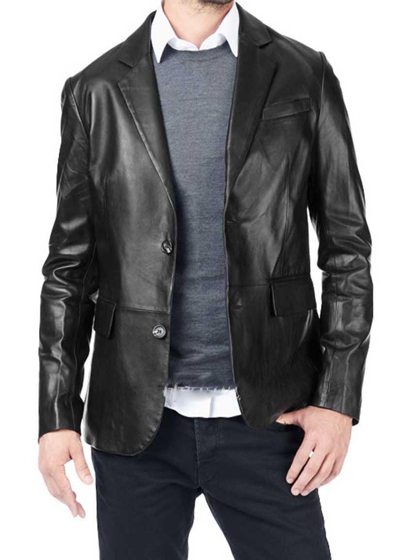 Men's TWO BUTTON Black Leather Blazer TB017 - Leather Safari