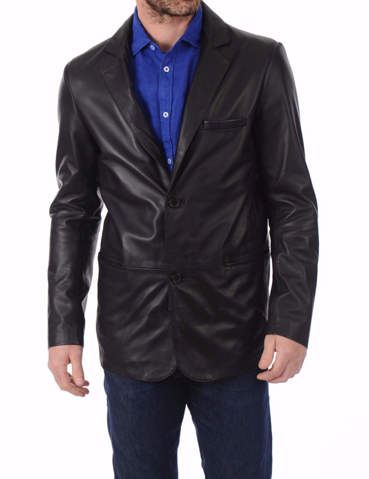 Men's TWO BUTTON Black Leather Blazer TB019 - Leather Safari