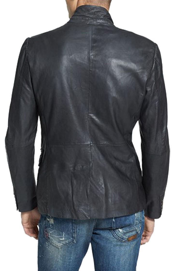 Men's Metallic Zipper Closure Black Leather Blazer TB020 - Leather Safari