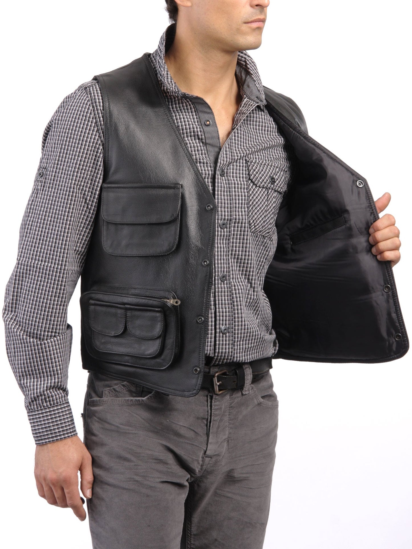Men's Rugged Leather Vest with Utility Pockets MV06