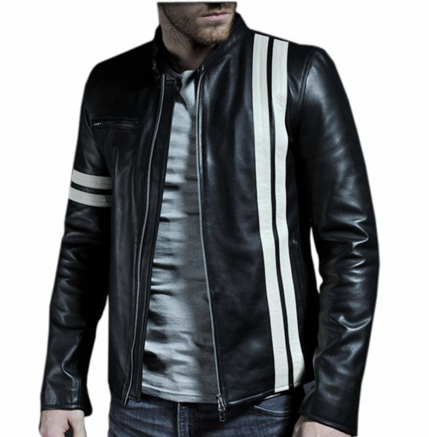 Men's Motorcycle Leather Jacket Black MJ003 - Leather Safari