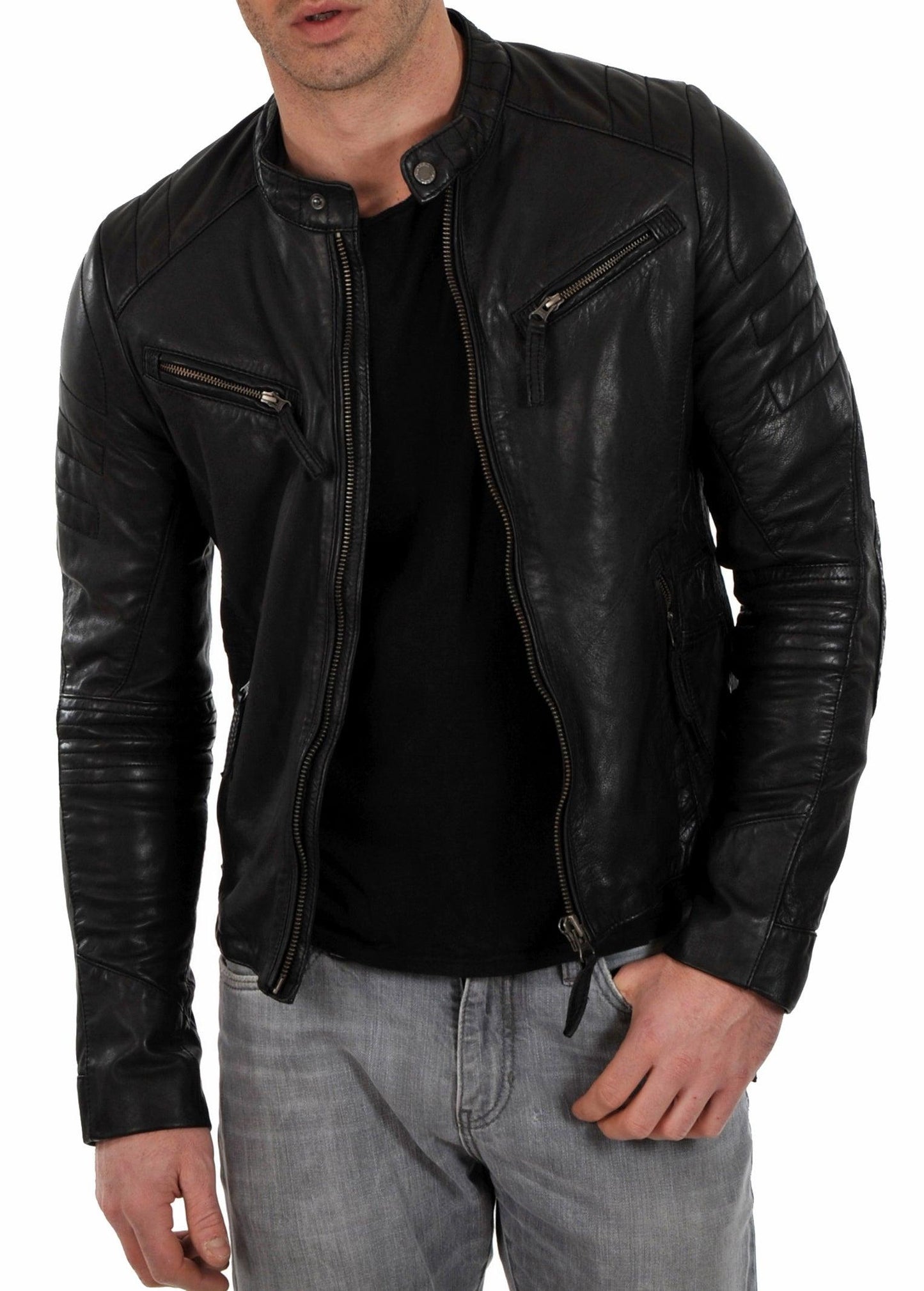 Men's Motorcycle Leather Jacket Black MJ018 - Leather Safari