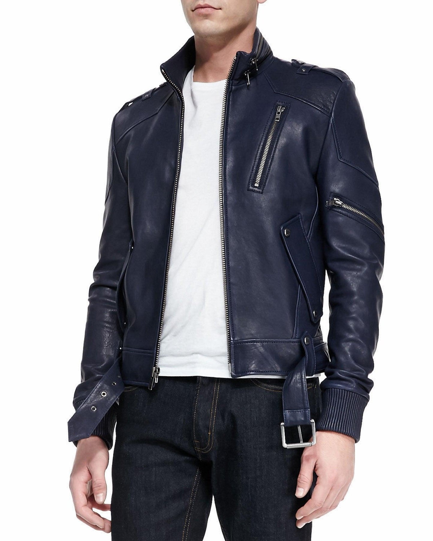 Men's Motorcycle Leather Jacket Navy Blue MJ010 - Leather Safari
