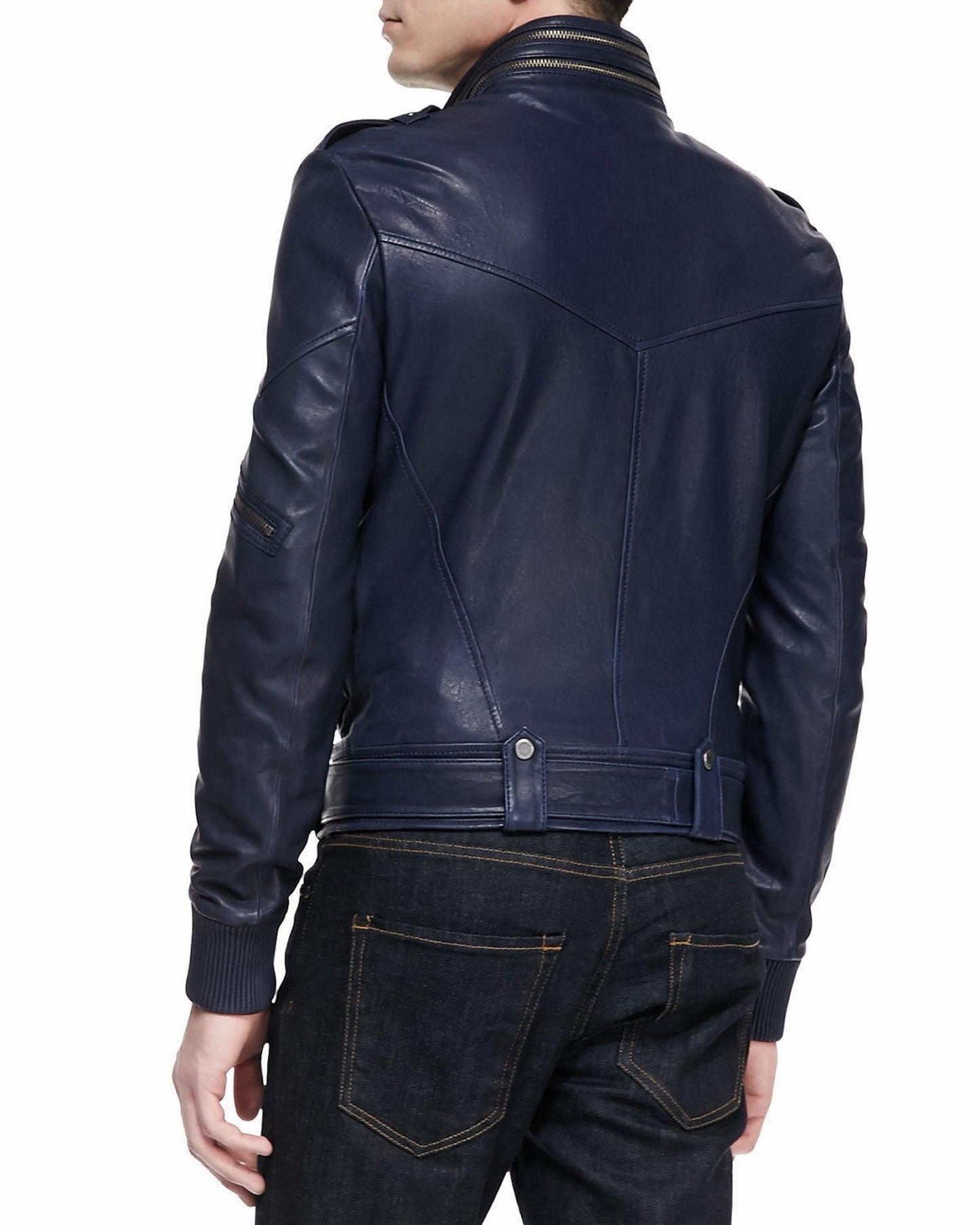 Men's Motorcycle Leather Jacket Navy Blue MJ010 - Leather Safari
