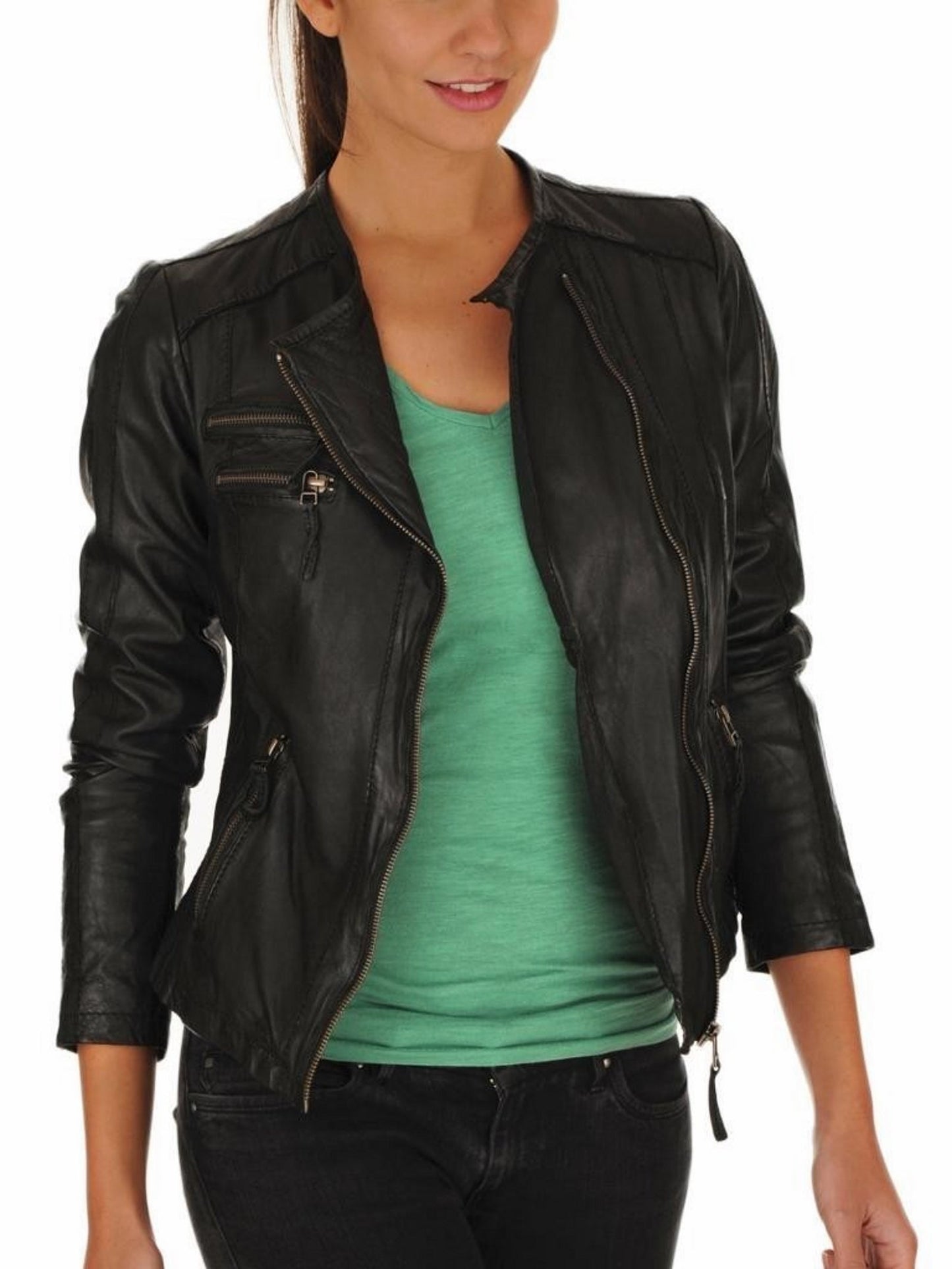 Women's Genuine Leather Motorcycle Jacket Black WJ017 - Leather Safari