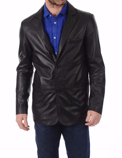 Men's TWO BUTTON Black Leather Blazer TB019 - Leather Safari