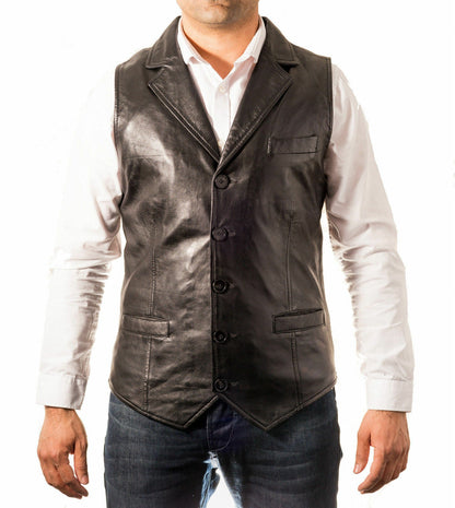 Men’s Slim Fit Leather Vest Coat with Notched Lapel MV16