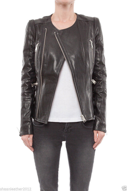 Women's Round Neck Black Leather Jacket WJ045