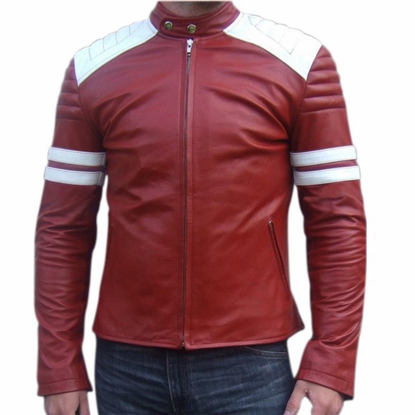 Men's Motorcycle Leather Jacket Red MJ007 - Leather Safari