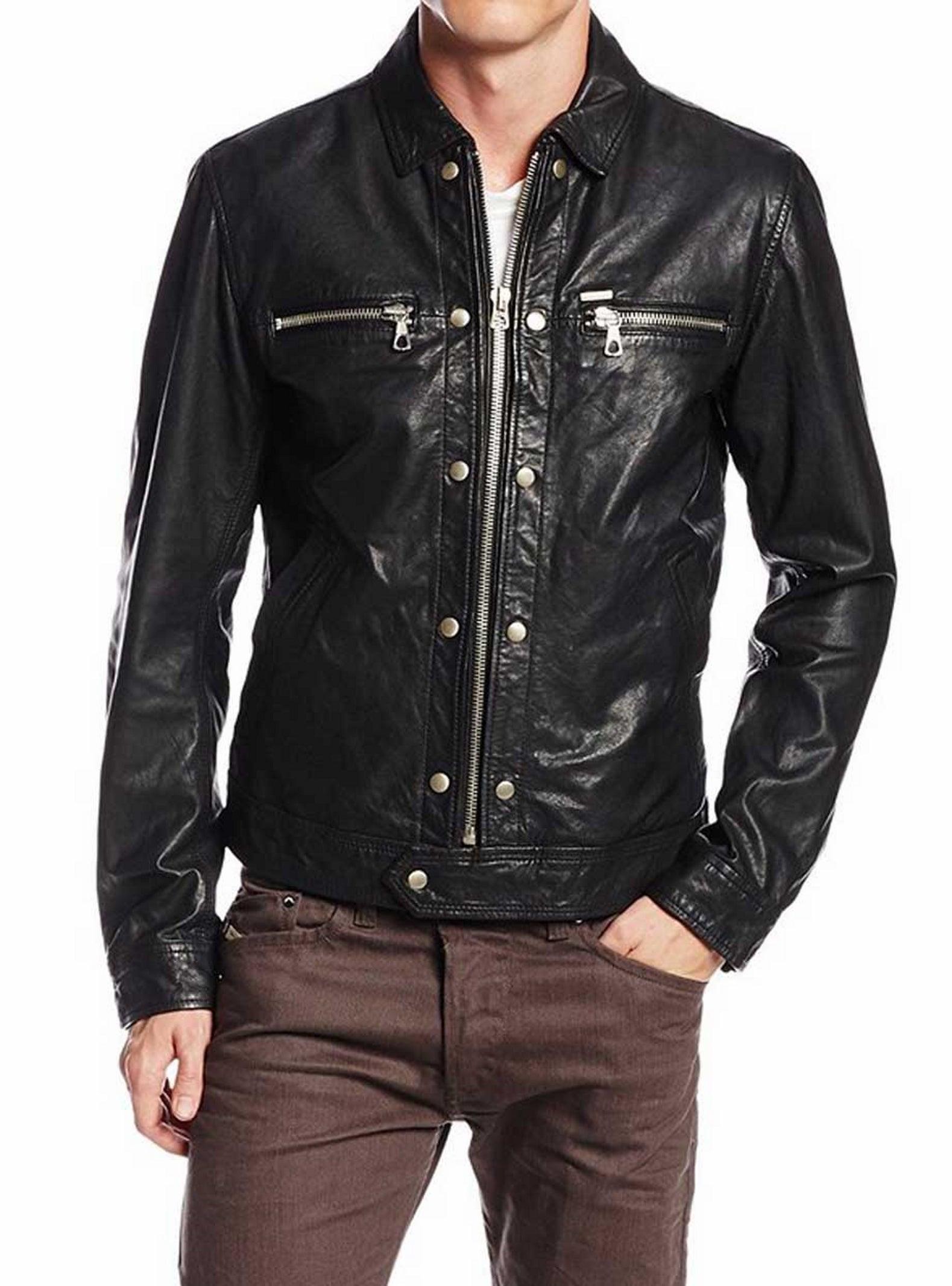 Men's Motorcycle Leather Jacket Black MJ014 - Leather Safari