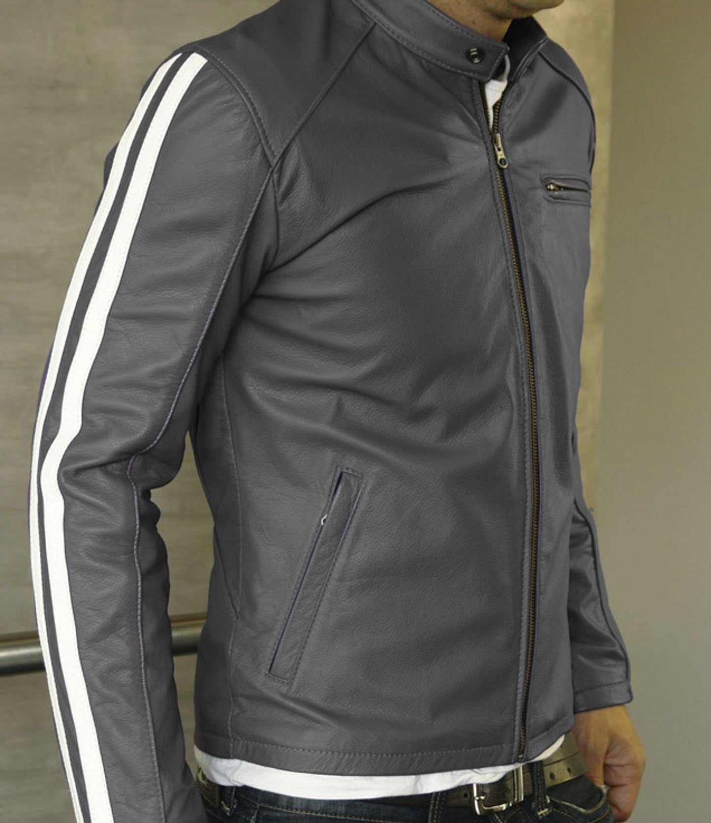 Men's Motorcycle Leather Jacket Gray MJ009 - Leather Safari