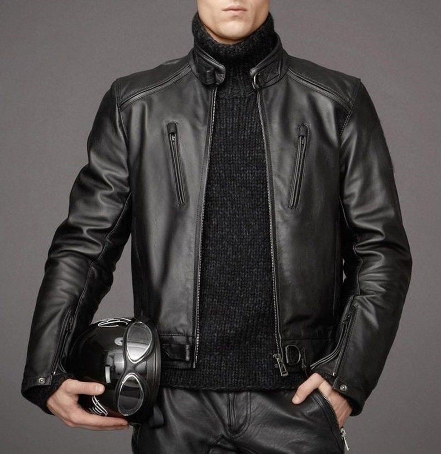 Men's Motorcycle Leather Jacket Black MJ001 - Leather Safari