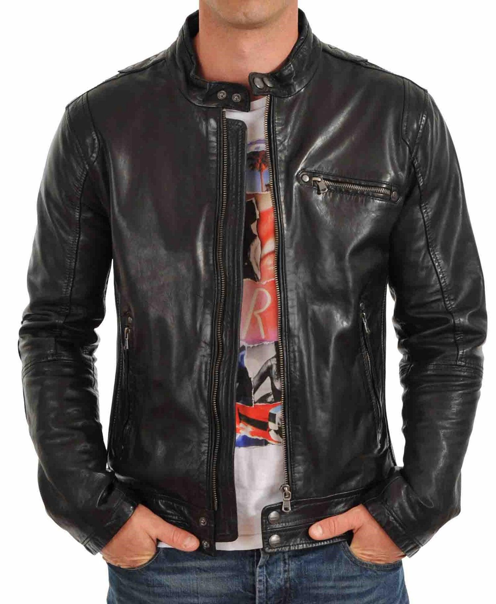 Men's Motorcycle Leather Jacket Black MJ016 - Leather Safari