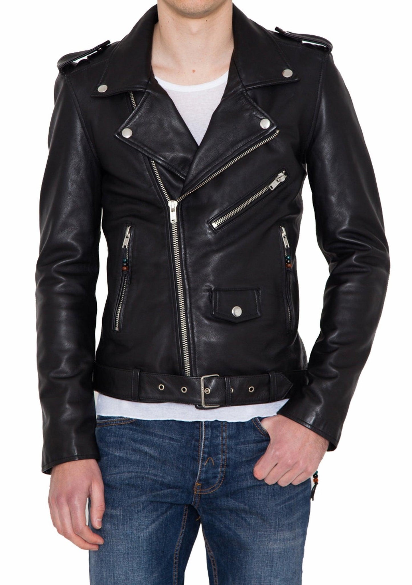 Men's Motorcycle Leather Jacket Black MJ017 - Leather Safari