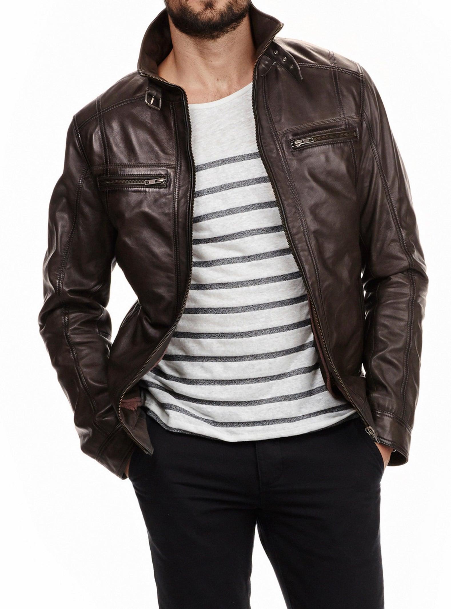 Men's Motorcycle Leather Jacket Dark Brown MJ019 - Leather Safari