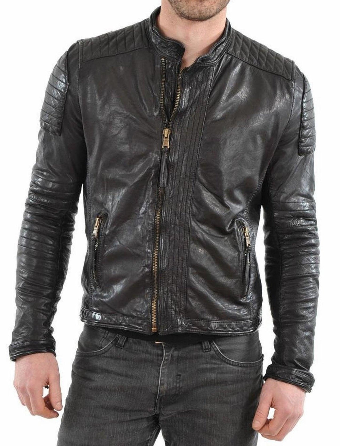 Men's Motorcycle Leather Jacket Black MJ020 - Leather Safari