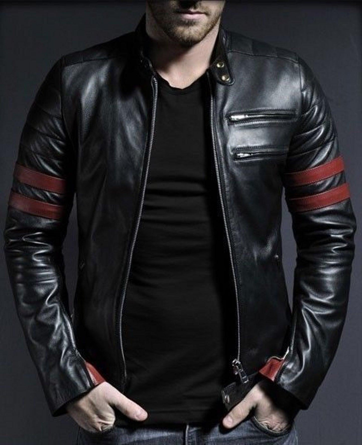 Men's Motorcycle Leather Jacket Black MJ005 - Leather Safari