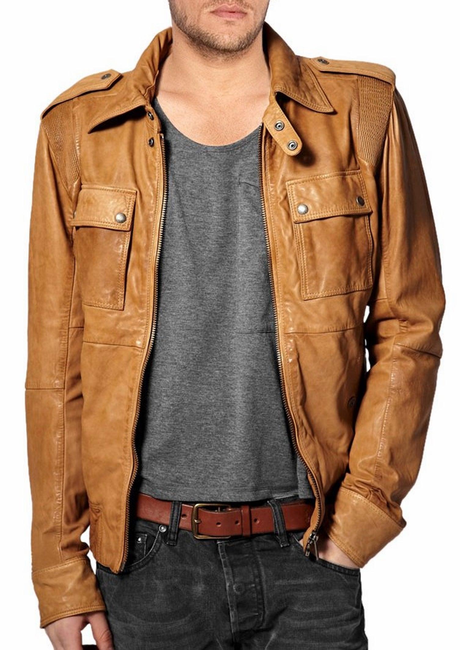 Men's Motorcycle Leather Jacket Tan MJ006 - Leather Safari