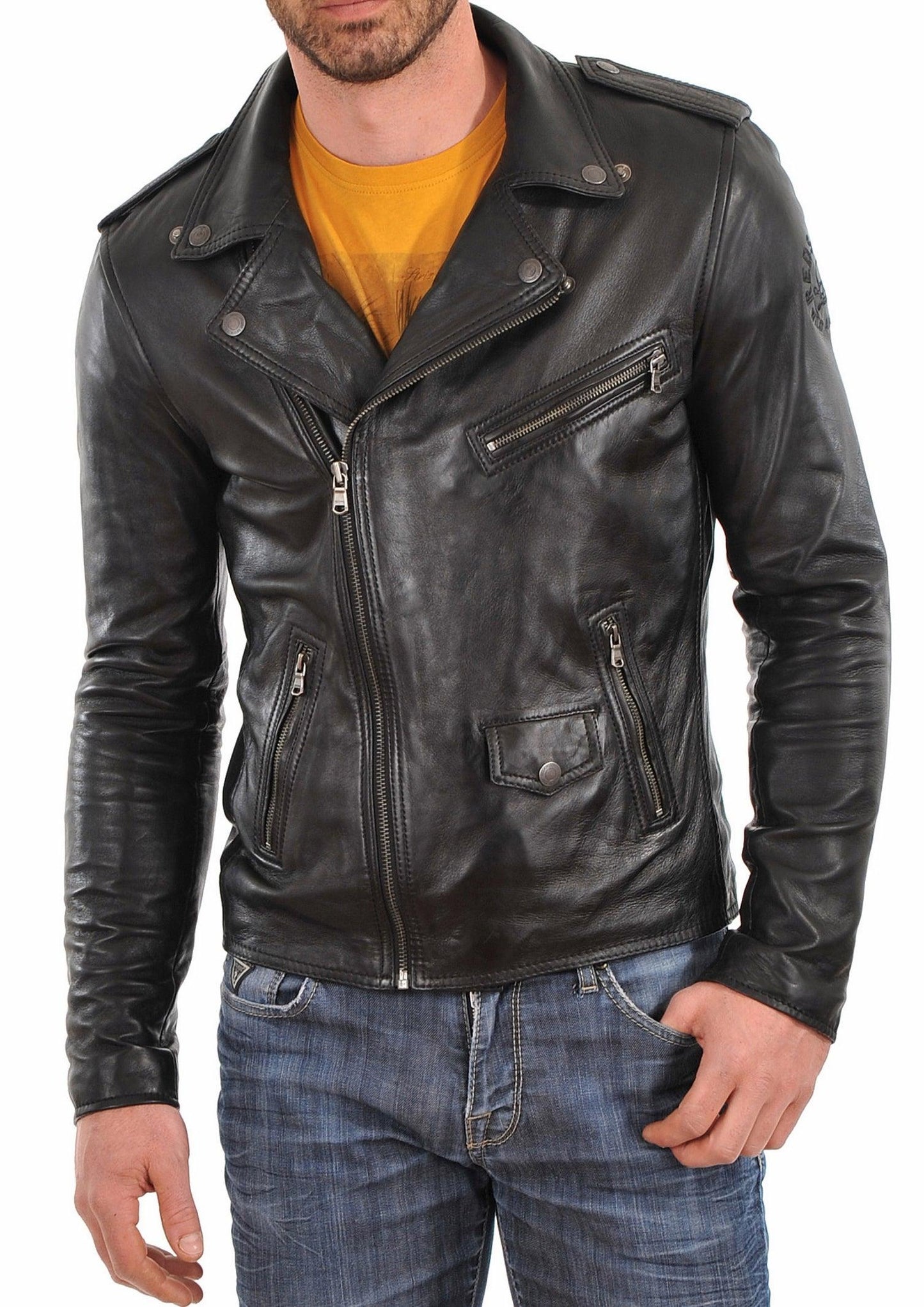 Men's Motorcycle Leather Jacket Black MJ011 - Leather Safari