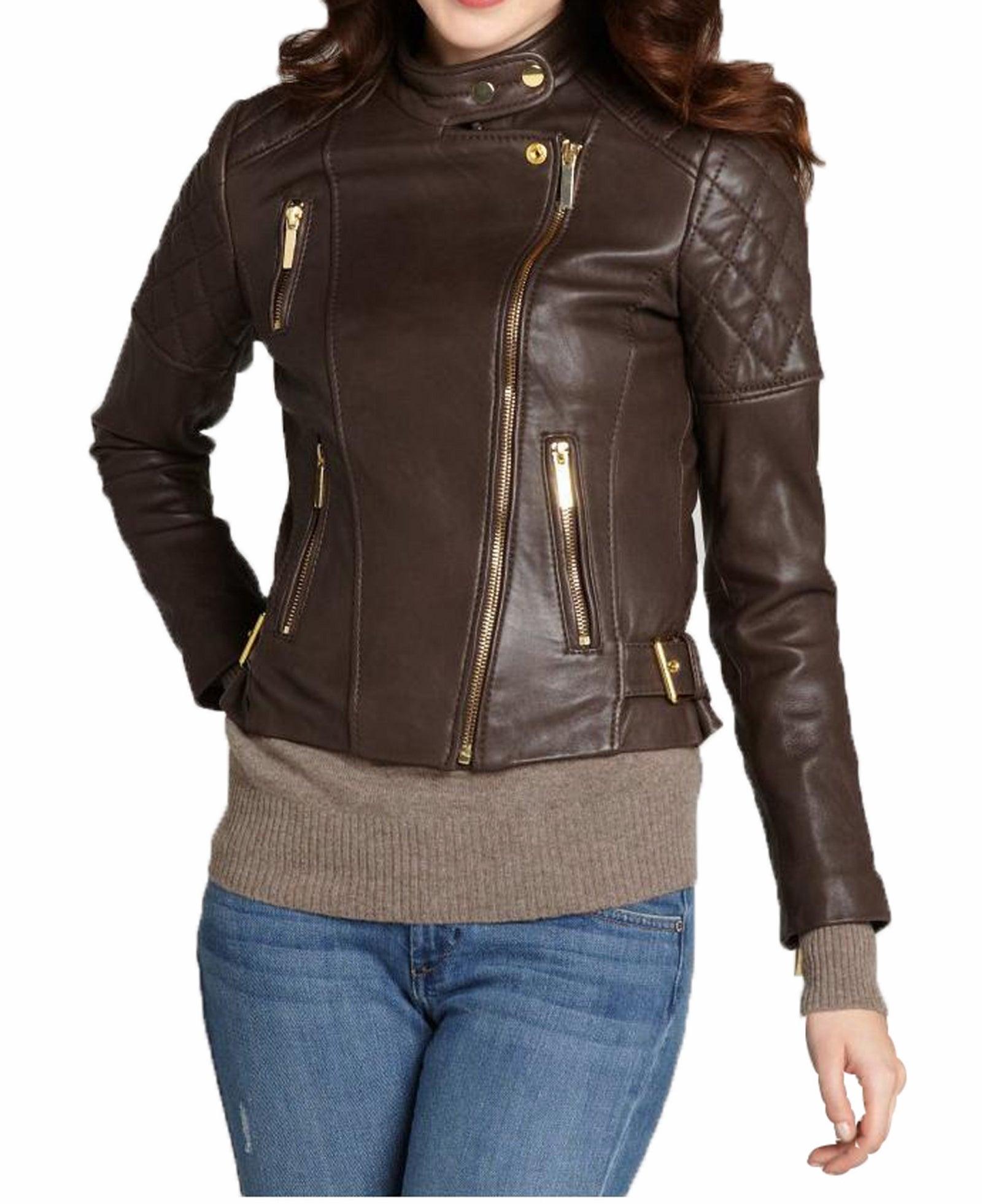 Women's Genuine Leather Motorcycle Jacket Brown WJ003 - Leather Safari