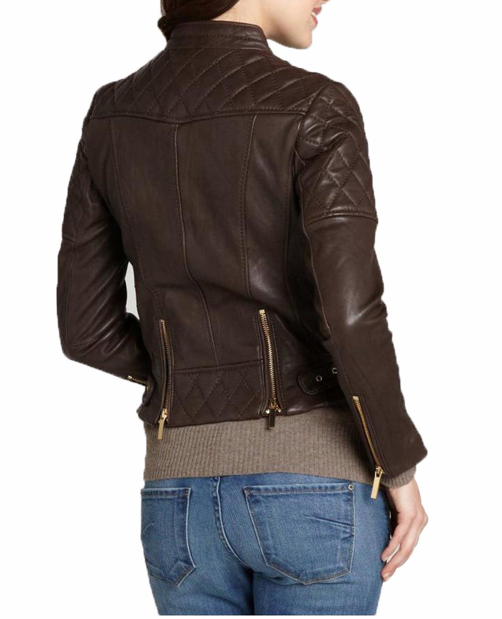 Women's Genuine Leather Motorcycle Jacket Brown WJ003 - Leather Safari