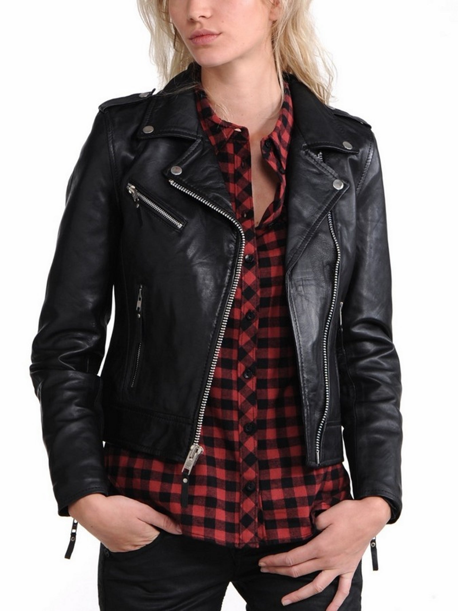 Women's Genuine Leather Motorcycle Jacket Black WJ009 - Leather Safari