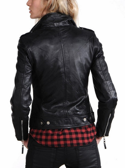 Women's Genuine Leather Motorcycle Jacket Black WJ009 - Leather Safari