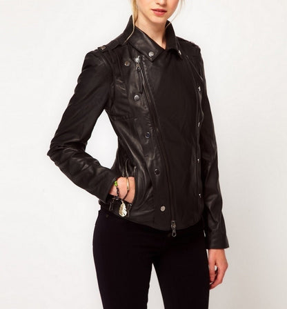 Women's Genuine Leather Motorcycle Jacket Black WJ010 - Leather Safari