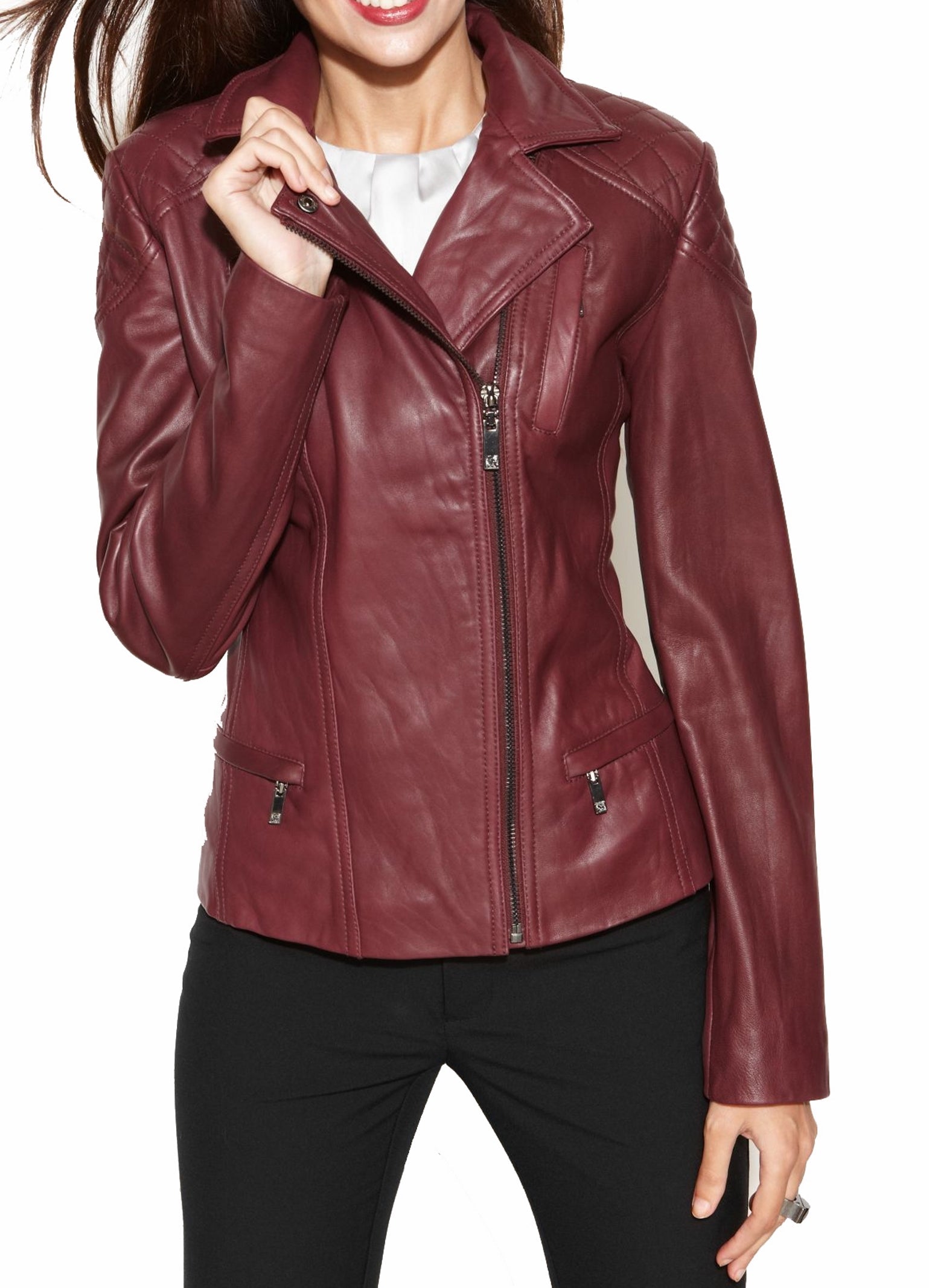 Women's Genuine Leather Motorcycle Jacket Burgundy WJ013 - Leather Safari