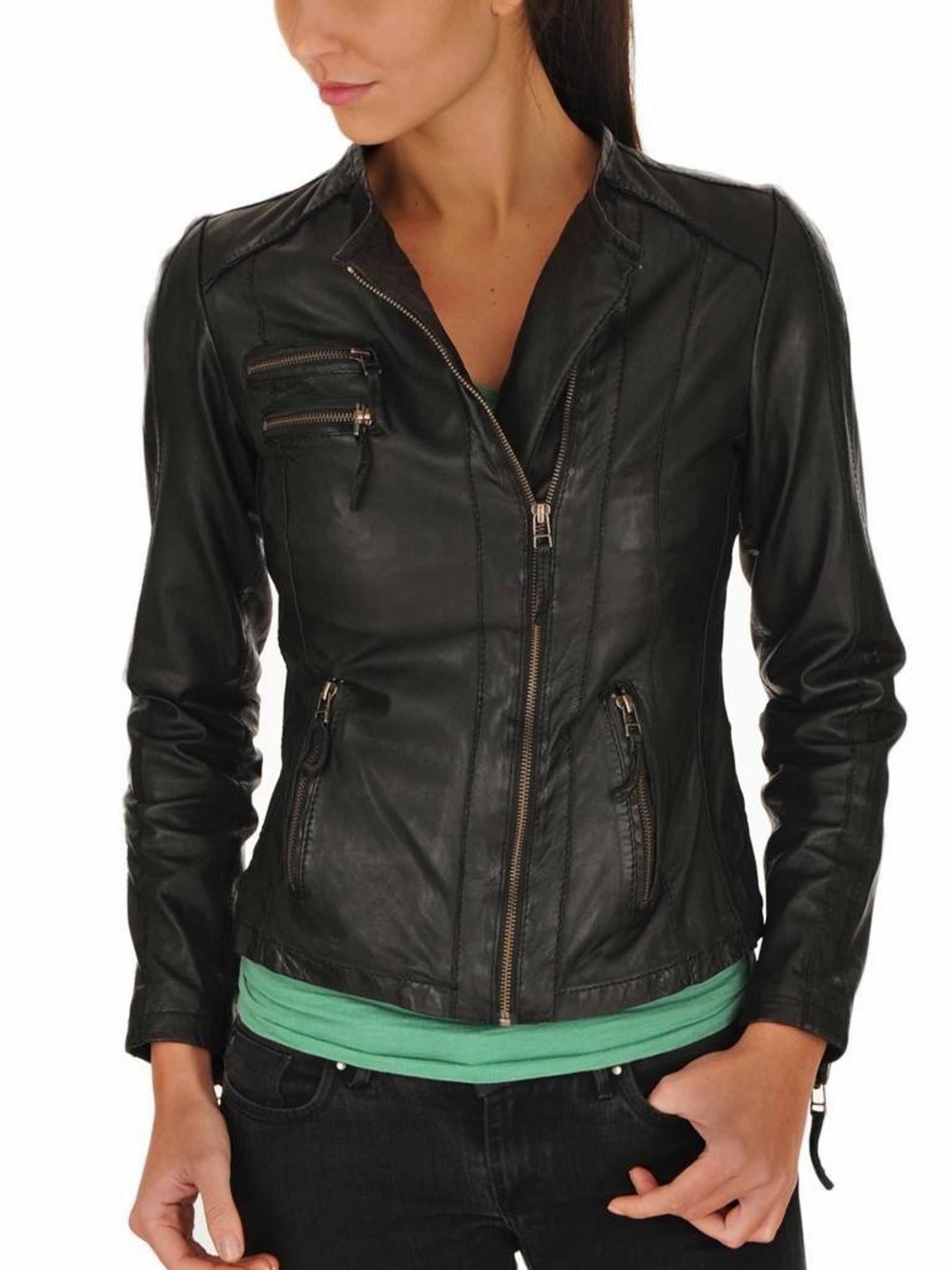Women's Genuine Leather Motorcycle Jacket Black WJ017 - Leather Safari