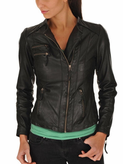 Women's Genuine Leather Motorcycle Jacket Black WJ017 - Leather Safari