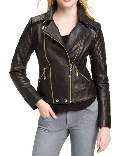 Women's Genuine Leather Motorcycle Jacket Black WJ018 - Leather Safari