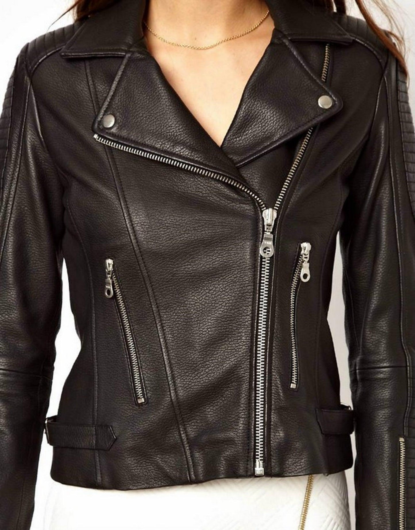 Women's Genuine Leather Motorcycle Jacket Black WJ006 - Leather Safari