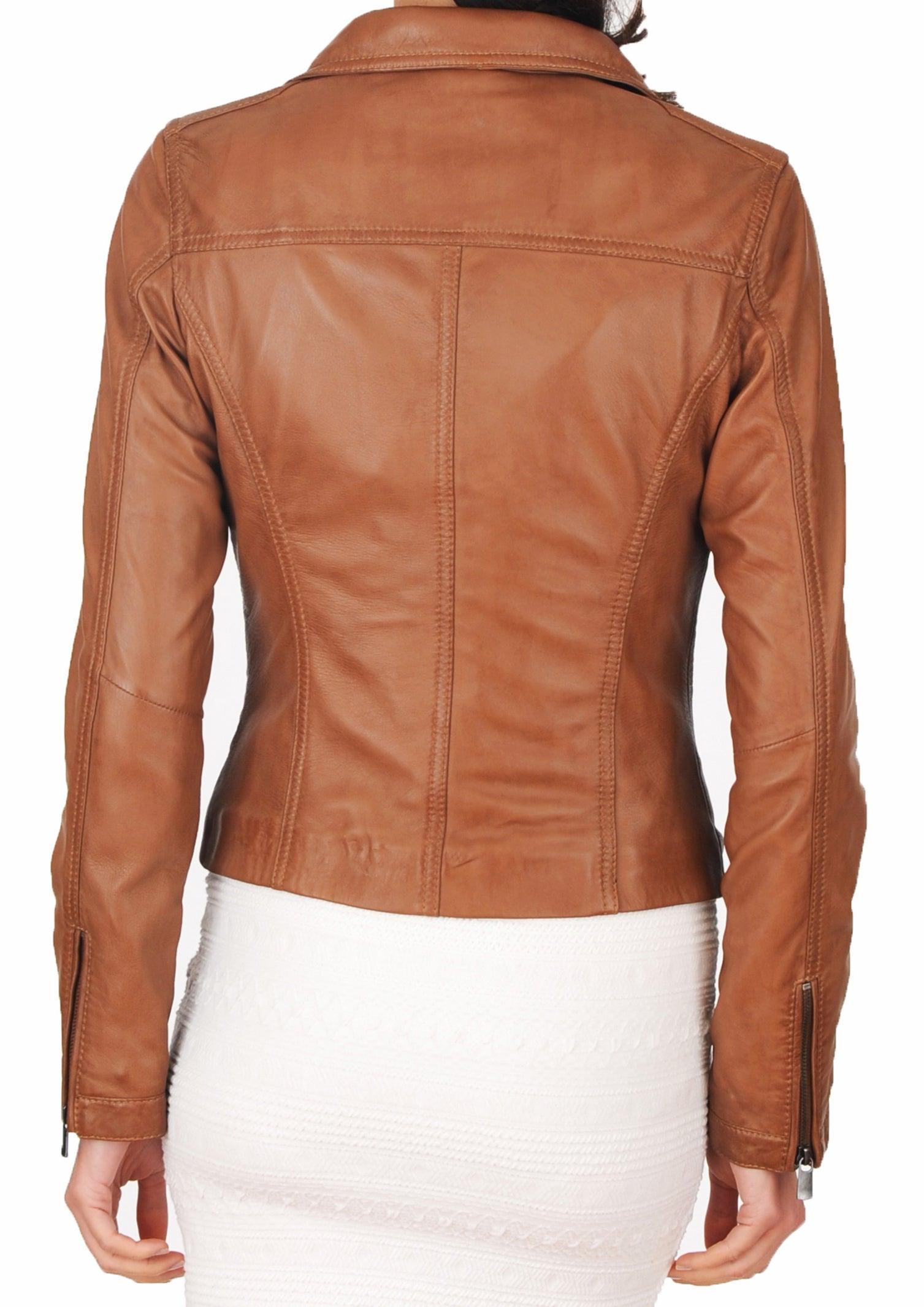Women's Genuine Leather Motorcycle Jacket Tan WJ007 - Leather Safari