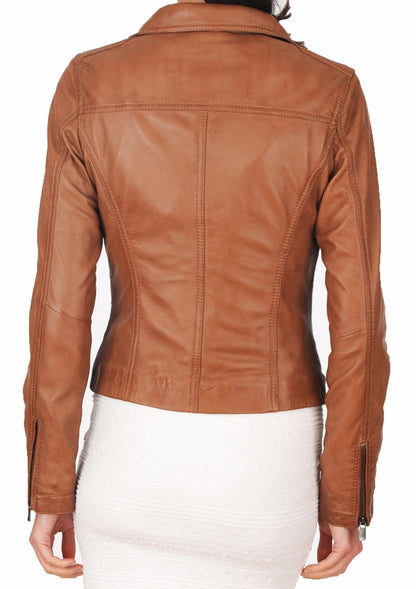 Women's Genuine Leather Motorcycle Jacket Tan WJ007 - Leather Safari