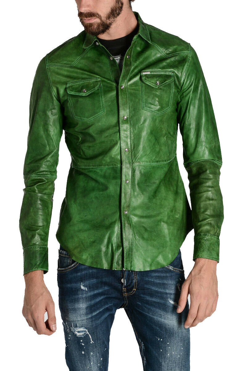 Men's Slim Fit Green Leather Shirt with Snap Button Closure MS01